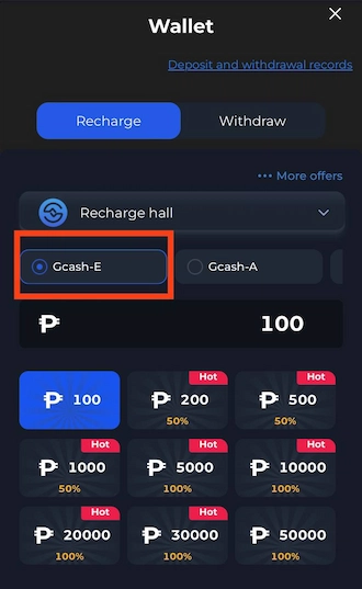 Step 2: In the Recharge hall, tick the GCash-E recharge method.