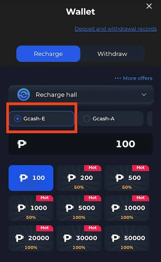 Step 2: In the Recharge interface, tick the GCash-E recharge method.