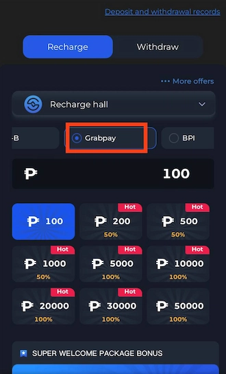 Step 1: In the Recharge hall, bettors choose Grabpay as the deposit method. 