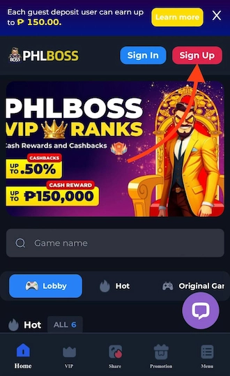 Step 1: Find the link to make PHLBOSS online casino login & select “Sign Up”.