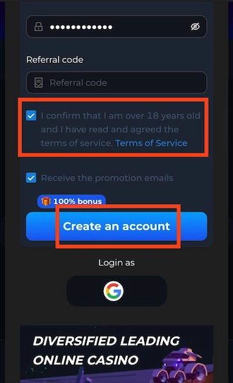 Step 3: Confirm you are over 18 years old and agree to the terms, then click "Create an account".