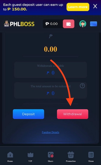 Step 1: Access the PHLBOSS link and log in to your betting account. Then select "Withdrawal".