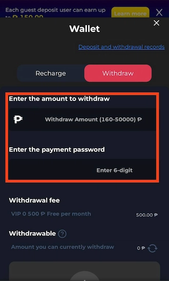 Step 4: Fill in the withdrawal amount and payment password in the form