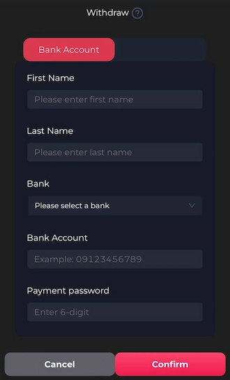 Step 3: fill in the information completely and accurately: First Name, Last Name, Bank Type, Bank account, and Payment password.